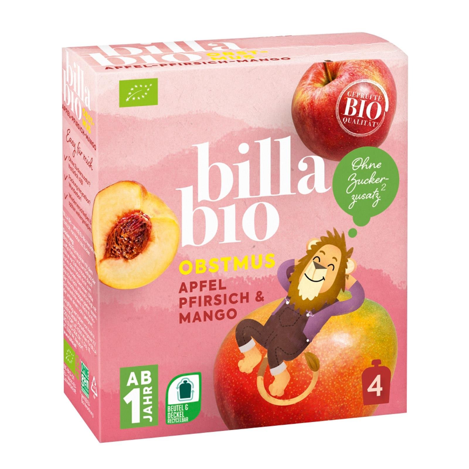 BILLA Bio Obstmus Apfel, Pfirsich &amp; Mango 4er | BILLA Online Shop